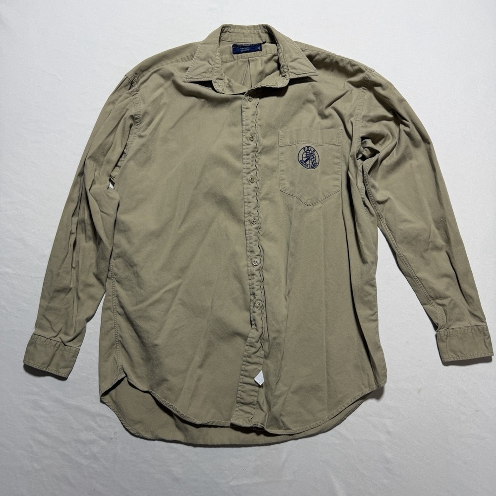 Polo Ralph Lauren Shirt Mens Medium Khaki Button Down Crest Pocket USA Vintage